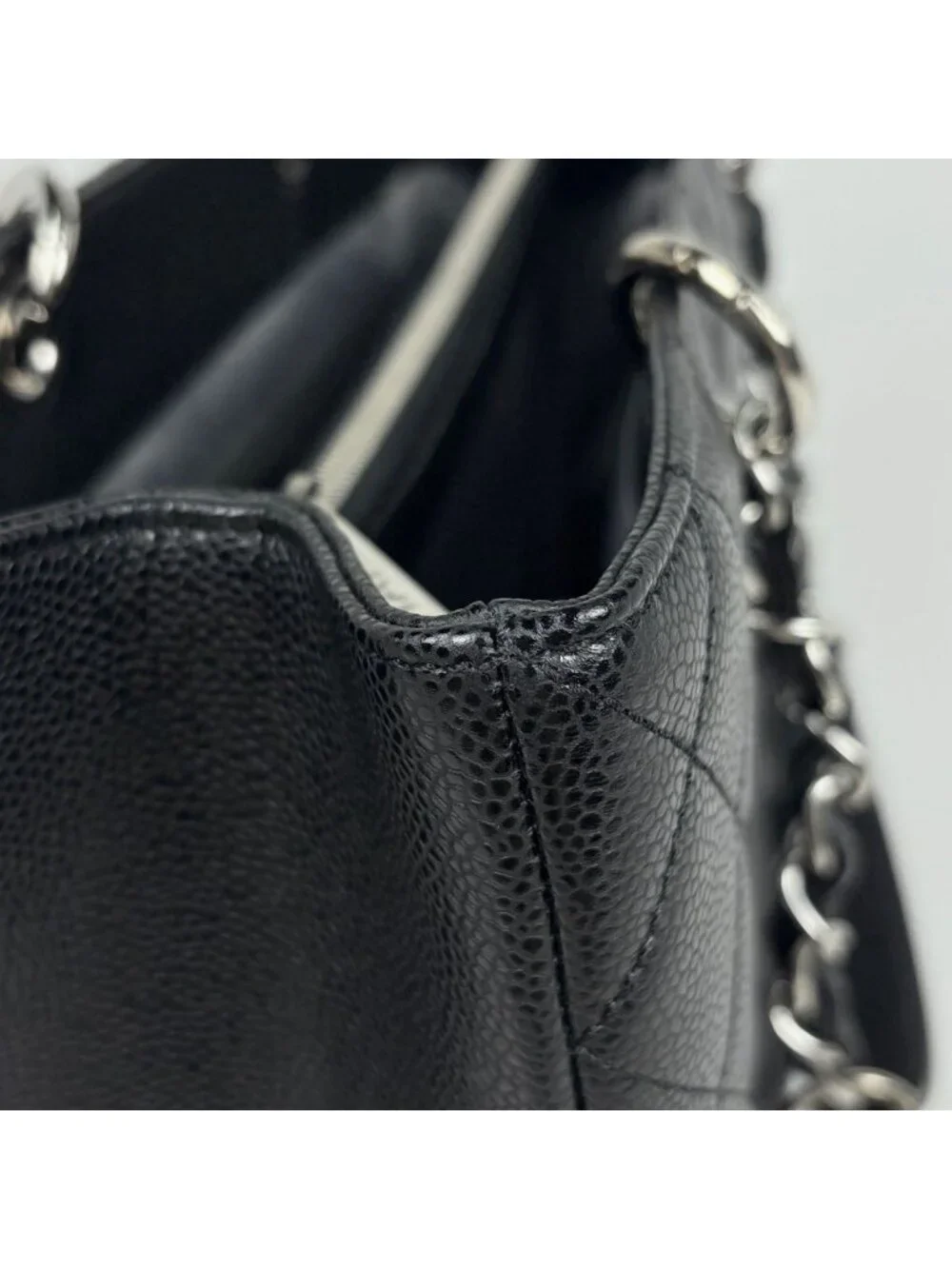 Chanel CC Logo Chain Tote Bag Quilted Caviar Leather Black